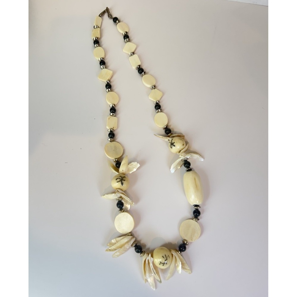 18" Shell Beaded Statement Necklace Mother of Pearl Black Cream Tribal Boho